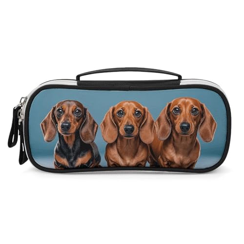 Rrtsmsgh Federmäppchen mit drei Dackeln, großes Fassungsvermögen, kleine Make-up-Tasche aus PU-Leder mit Reißverschluss und Griff, tragbares Federmäppchen für Büro, Kosmetikaufbewahrung von Rrtsmsgh
