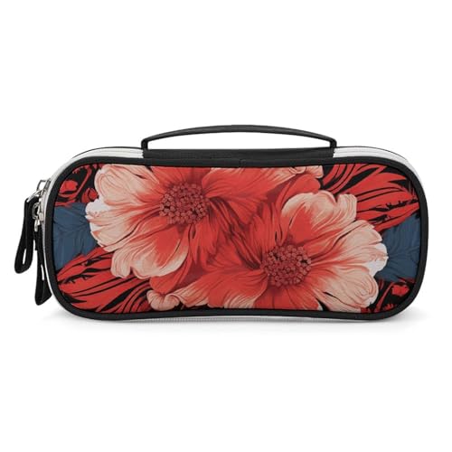 Rrtsmsgh Federmäppchen mit rotem Blumenmuster, großes Fassungsvermögen, kleine Make-up-Tasche aus PU-Leder mit Reißverschluss und Griff, tragbares Federmäppchen für Büro, Kosmetikaufbewahrung von Rrtsmsgh