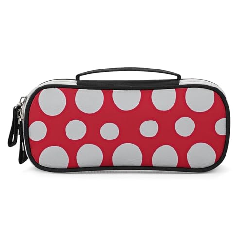 Rrtsmsgh Federmäppchen mit rotem und weißem Punktemuster, großes Fassungsvermögen, kleine Make-up-Tasche aus PU-Leder mit Reißverschluss und Griff, tragbares Federmäppchen für Büro von Rrtsmsgh