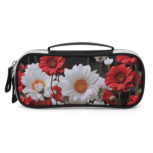 Rrtsmsgh Federmäppchen mit roter Blume und Gänseblümchen, großes Fassungsvermögen, kleine Make-up-Tasche aus PU-Leder mit Reißverschluss und Griff, tragbares Federmäppchen für Büro von Rrtsmsgh
