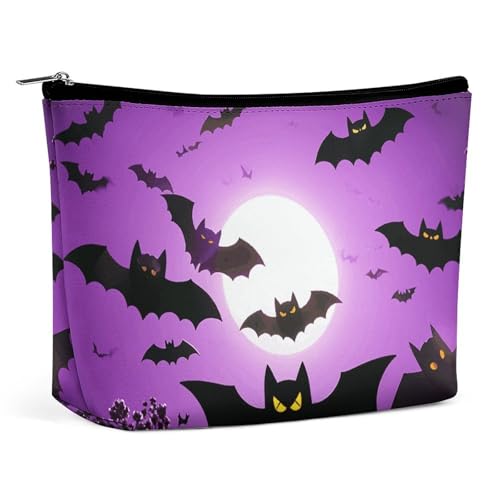 Rrtsmsgh Halloween fliegende lila Fledermäuse Make-up-Tasche für Frauen, tragbare Reise-Kulturbeutel, PU-Leder-Kosmetiktasche mit Reißverschluss von Rrtsmsgh