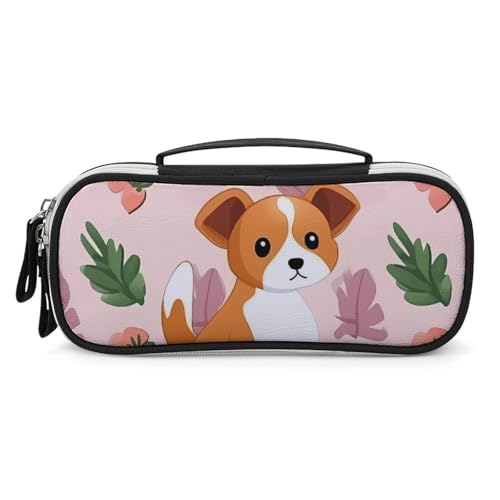 Rrtsmsgh Kleine Hunde-Federmäppchen, großes Fassungsvermögen, kleine Make-up-Tasche aus PU-Leder mit Reißverschluss und Griff, tragbares Federmäppchen für Büro, Kosmetikaufbewahrung von Rrtsmsgh