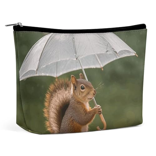 Rrtsmsgh Kosmetiktasche für Damen, Motiv: Eichhörnchen hält einen Regenschirm, tragbare Reise-Kulturbeutel, PU-Leder, Kosmetiktasche mit Reißverschluss Rrtsmsgh Kosmetiktasche für Damen, Motiv: Eichhörnchen hält einen Regenschirm, tragbare Reise-Kulturbeutel, PU-Leder, Kosmetiktasche mit Reißverschluss von Rrtsmsgh