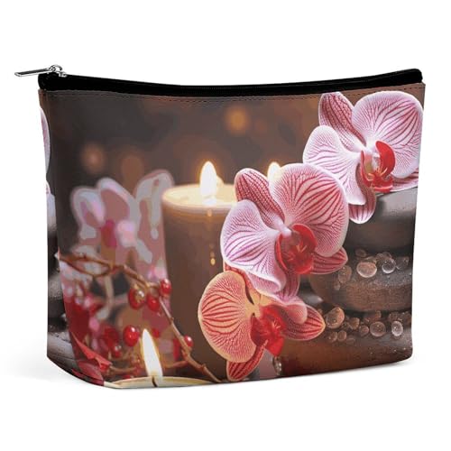 Rrtsmsgh Kosmetiktasche für Damen, Motiv: Orchideenstein, rote Kerzen, tragbare Reise-Kulturbeutel, PU-Leder, Kosmetiktasche mit Reißverschluss von Rrtsmsgh