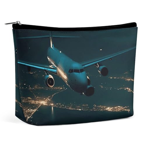 Rrtsmsgh Make-up-Tasche für Damen, Flugzeug fliegt bei Nacht, tragbare Reise-Kulturbeutel, PU-Leder, Kosmetiktasche mit Reißverschluss von Rrtsmsgh