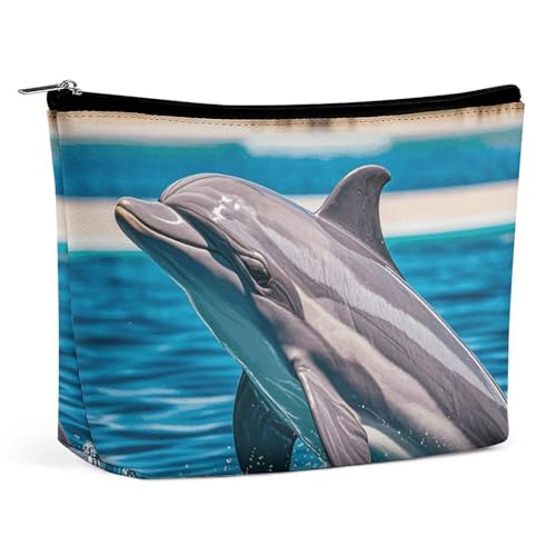 Rrtsmsgh Make-up-Tasche für Damen, Motiv: Delphin aus Wasser, tragbare Reise-Kulturbeutel, PU-Leder, Kosmetiktasche mit Reißverschluss Rrtsmsgh Make-up-Tasche für Damen, Motiv: Delphin aus Wasser, tragbare Reise-Kulturbeutel, PU-Leder, Kosmetiktasche mit Reißverschluss von Rrtsmsgh