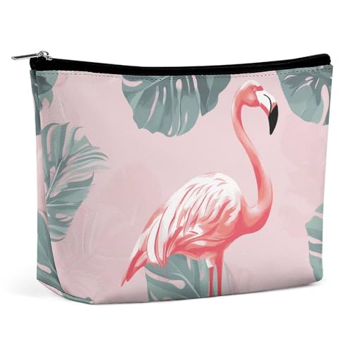 Rrtsmsgh Make-up-Tasche für Damen, Motiv: Flamingo-Palmenblätter, tragbare Reise-Kulturbeutel, PU-Leder, Kosmetiktasche mit Reißverschluss Rrtsmsgh Make-up-Tasche für Damen, Motiv: Flamingo-Palmenblätter, tragbare Reise-Kulturbeutel, PU-Leder, Kosmetiktasche mit Reißverschluss von Rrtsmsgh