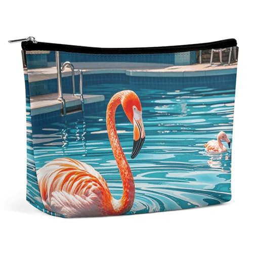 Rrtsmsgh Make-up-Tasche für Damen, Motiv: Flamingo und Schwimmbäder, tragbare Reise-Kulturbeutel, PU-Leder, Kosmetiktasche mit Reißverschluss von Rrtsmsgh