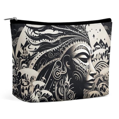 Rrtsmsgh Make-up-Tasche für Damen, Motiv: Tribal-Illustration, tragbare Reise-Kulturbeutel, PU-Leder, Kosmetiktasche mit Reißverschluss, Weiß und Schwarz Rrtsmsgh Make-up-Tasche für Damen, Motiv: Tribal-Illustration, tragbare Reise-Kulturbeutel, PU-Leder, Kosmetiktasche mit Reißverschluss, Weiß und Schwarz von Rrtsmsgh