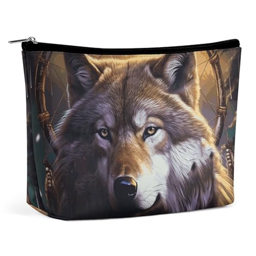 Rrtsmsgh Make-up-Tasche für Damen, Motiv: Wölfe und Traumfänger, tragbare Reise-Kulturbeutel, PU-Leder, Kosmetiktasche mit Reißverschluss Rrtsmsgh Make-up-Tasche für Damen, Motiv: Wölfe und Traumfänger, tragbare Reise-Kulturbeutel, PU-Leder, Kosmetiktasche mit Reißverschluss von Rrtsmsgh