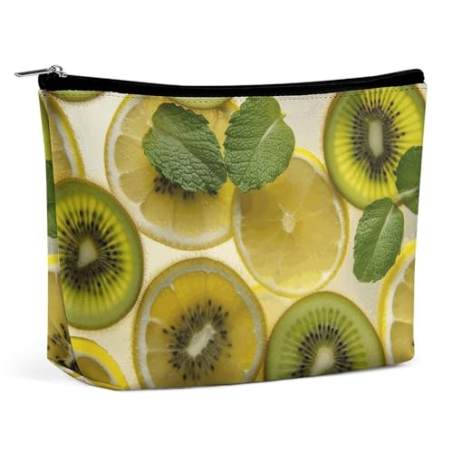 Rrtsmsgh Make-up-Tasche für Damen, Motiv: Zitrone und Kiwi in Scheiben geschnitten, tragbare Reise-Kulturbeutel, PU-Leder, Kosmetiktasche mit Reißverschluss von Rrtsmsgh