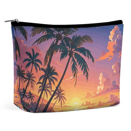 Rrtsmsgh Make-up-Tasche für Damen, Motiv: tropischer Strand, Palme, Sonnenuntergang, tragbare Reise-Kulturbeutel, PU-Leder, Kosmetiktasche mit Reißverschluss Rrtsmsgh Make-up-Tasche für Damen, Motiv: tropischer Strand, Palme, Sonnenuntergang, tragbare Reise-Kulturbeutel, PU-Leder, Kosmetiktasche mit Reißverschluss von Rrtsmsgh