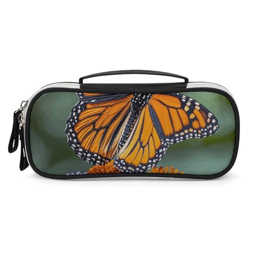 Rrtsmsgh Monarch Federmäppchen mit Schmetterlingen, großes Fassungsvermögen, kleine Make-up-Tasche aus PU-Leder mit Reißverschluss und Griff, tragbares Federmäppchen für Büro, Kosmetikaufbewahrung von Rrtsmsgh