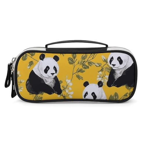 Rrtsmsgh Panda auf gelbem Hintergrund, großes Fassungsvermögen, kleine Make-up-Tasche aus PU-Leder mit Reißverschluss und Griff, tragbares Federmäppchen für Büro, Kosmetikaufbewahrung von Rrtsmsgh
