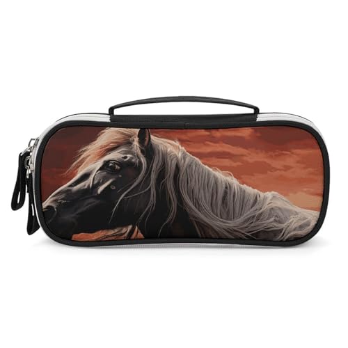 Rrtsmsgh Romantisches Mustang-Federmäppchen mit großem Fassungsvermögen, kleine Make-up-Tasche aus PU-Leder mit Reißverschluss und Griff, tragbares Federmäppchen für Büro, Kosmetikaufbewahrung von Rrtsmsgh