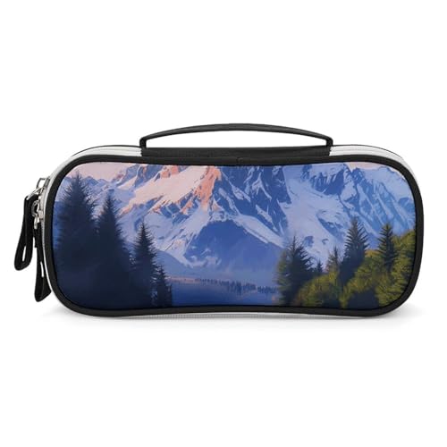Rrtsmsgh Snow Mountain Federmäppchen, großes Fassungsvermögen, kleine Make-up-Tasche aus PU-Leder mit Reißverschluss und Griff, tragbares Federmäppchen für Büro, Kosmetikaufbewahrung von Rrtsmsgh