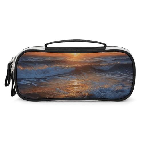 Rrtsmsgh Sunset Seascape Federmäppchen, großes Fassungsvermögen, kleine Make-up-Tasche aus PU-Leder mit Reißverschluss und Griff, tragbares Federmäppchen für Büro, Kosmetikaufbewahrung von Rrtsmsgh