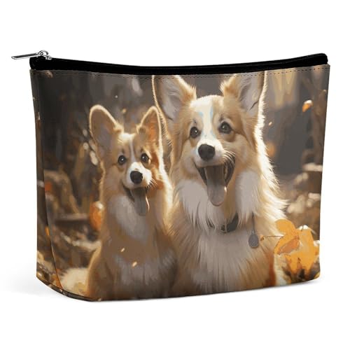 Rrtsmsgh Two Corgis Make-up-Tasche für Damen, tragbare Reise-Kulturbeutel, PU-Leder, Kosmetiktasche mit Reißverschluss von Rrtsmsgh