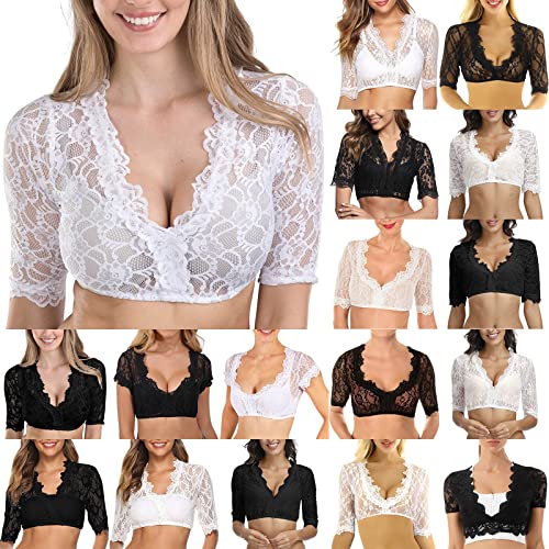 Dirndlbluse Spitze Elegant Trachtenbluse Damen Dirndl Bluse Weiß V Ausschnitt Kurzarm Spitze Tracht Bluse Halbarm Bluse Damen Oktoberfest Kostüm Karneval Dirndlblusen Spitzenbluse Damen Shirts Schwarz von Rrunsv