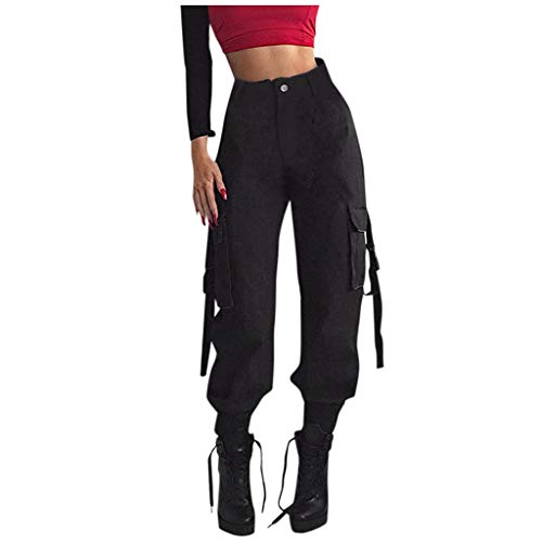 Rrunsv Cargohose Damen High Waist Jogginghose,Mode Frauen Street Casual-Band Schultasche Schnalle Hallen Hosen Overalls Hosen Locker LangeHosen Streatwear mit Taschen Tunnelzug Straight Sweathose111 von Rrunsv