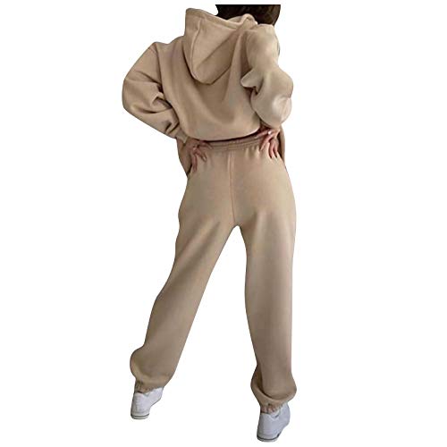 Rrunsv Damen Jogginganzug Traingsanzug Sportanzug Jumpsuit Pullover Anzug 2 Stück Set Kapuzenpulli solide lässige Lange Hosen Sweatertis Teilig Sport Freizeitanzug Hosenanzug, 01 Khaki, M von Rrunsv