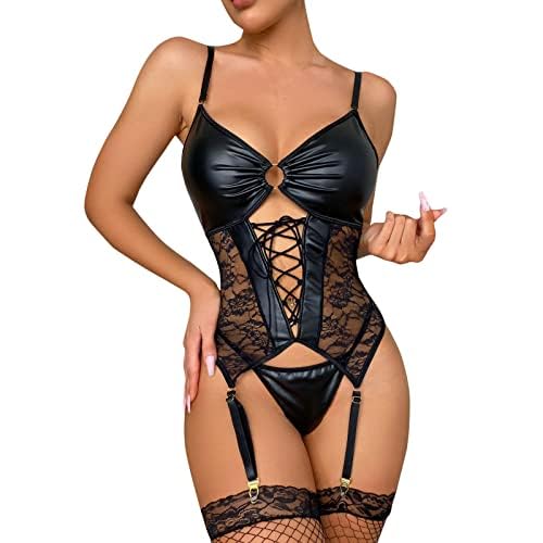 Rrunsv Latex Dessous Frauen Sexy String Tanga Damen Sexy Dessous Frauen-reizvolle Spitze-Mesh-Blumenstickerei-Kette verbundener Strumpfband-Teddy-Body mit Damen Sexy Set (Set03-Black, S) von Rrunsv