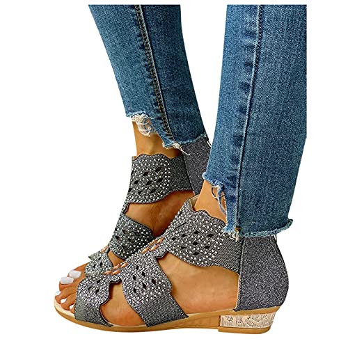 Rrunsv Sandalen Damen Casual Sommer Strass Offener Zeh Aushöhlen Flach Keilabsatz Plateau Sandalen Strand Schuhe Frauen Mädchen Sandaletten Sommerschuhe von Rrunsv