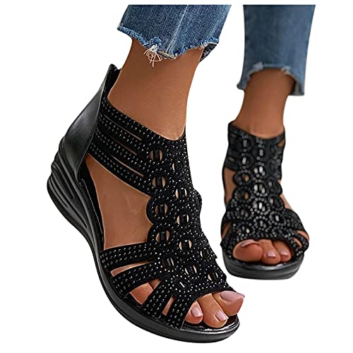 Rrunsv Sandalen Damen Casual Sommer Strass Offener Zeh Aushöhlen Flach Keilabsatz Plateau Sandalen Strand Schuhe Frauen Mädchen Sandaletten Sommerschuhe von Rrunsv