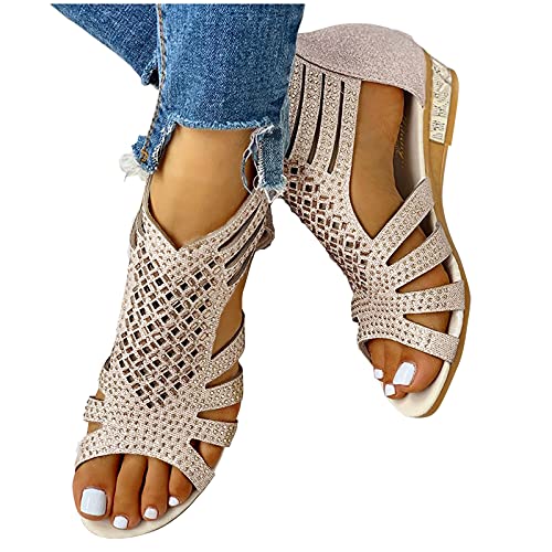 Rrunsv Sandalen Damen Casual Sommer Strass Offener Zeh Aushöhlen Flach Keilabsatz Plateau Sandalen Strand Schuhe Frauen Mädchen Sandaletten Sommerschuhe von Rrunsv