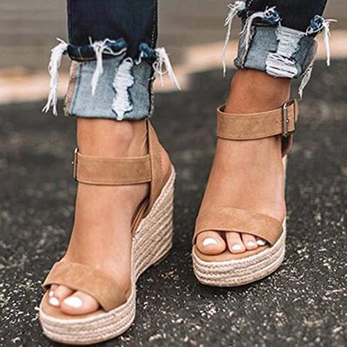 Rrunsv Sandaletten Damen, Sandaletten Damen mit Absatz,Plateau Sandalen Damen Espadrilles mit Keilabsatz Keilsandalen Absatz Espandrillos Sommer Frauen Schuhe Geschlossene, Z02 Brown, 40 (39 EU) von Rrunsv