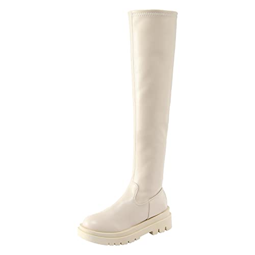 Rrunsv Stiefel Damen Gefüttert Hoch Stiefel Kniestiefel einfarbiges seitlicher Reißverschluss dicker Boden dehnbare Overknee Stiefel Übergangsstiefel Klassisch Retro Damenstiefel (Beige 37) von Rrunsv