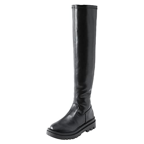 Rrunsv Stiefel Damen Gefüttert Hoch Stiefel Kniestiefel einfarbiges seitlicher Reißverschluss dicker Boden dehnbare Overknee Stiefel Übergangsstiefel Klassisch Retro Damenstiefel (Black 38) von Rrunsv