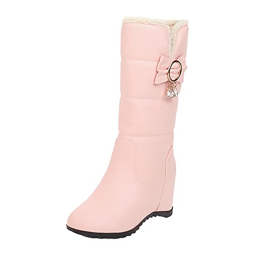 Rrunsv Stiefeletten Damen Elegant Halb hohe Ankle Boots einfarbig Lederschleife Metallknopf Baumwollstiefel Plüsch Keilabsatz mittelgroße Stiefel mit dicken Übergangsstiefel Klassisch Retro(Pink 40) von Rrunsv