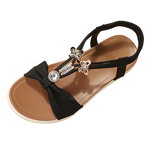 Sandalen Damen Elegant Mode einfarbig Metall Schmetterling Perlen Open Toe weichen Boden Boho Sandalen Sommer Offene Flache Schuhe Hausschuhe Flip Flops Neu Damen Sandalen Pumps Blockabsatz Sandals von Rrunsv