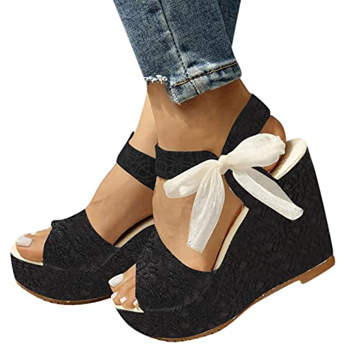 Sandalen Damen Sommer,Rrunsv Mode Keilabsatz Klettband Abendschuhe Strandschuhe High Heels Peep Toe Flip Flop Plateau Frauen Sandaletten Kleid Schuhe Sneaker Damen Hausschuhe, Y13 Schwarz, 42 (40 EU) von Rrunsv