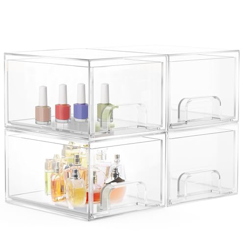 Rsarouud MoY Schubladen Organizer Bad, 4 Stück Stackable Acryl Badezimmer Organizer mit 32 rutschfeste Matte und Haltbarkeit，Schubladenbox für Schlafzimmer Spülbecken Schreibtisch Kosmetik Organizer von Rsarouud MoY
