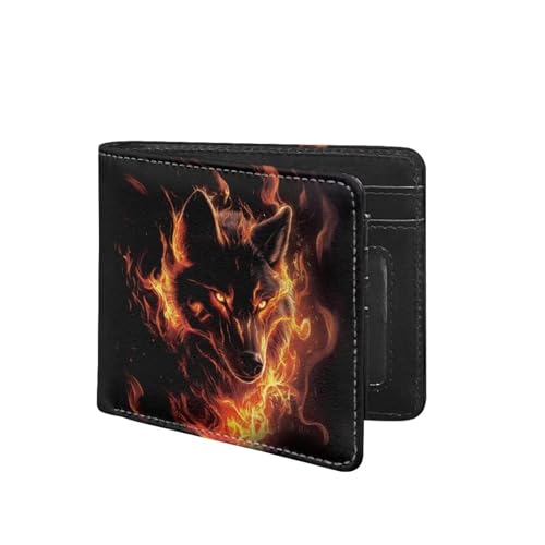 Rshubino Ledergeldbörse für Herren, RFID-blockierend, mit mehreren Kartenfächern und Ausweisfenster, Geldscheinfach, Wolf und Feuer von Rshubino