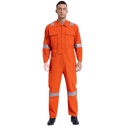 Rswnyirn Arbeitsoverall Herren Baumwolle Einteiler Jumpsuit Schutzoverall mit Taschen Reflektierende Streifen Männer Arbeitskleidung für Werkstatt Orange XXL von Rswnyirn