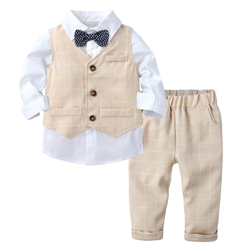 Rswnyirn Baby Anzug Jungen Hochzeit Taufe Smoking Outfit 3tlg. Taufanzug Taufbekleidung Hemd mit Anzugweste Hose Festlich Outfit Beige_Gestreift 92-98/2-3 Jahre von Rswnyirn