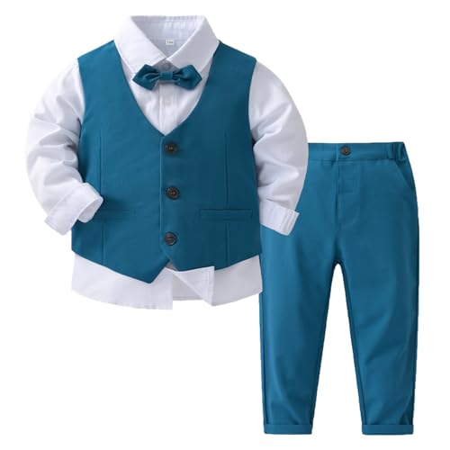 Rswnyirn Baby Anzug Jungen Hochzeit Taufe Smoking Outfit 3tlg. Taufanzug Taufbekleidung Hemd mit Anzugweste Hose Festlich Outfit Blau 86-92/18-24 Monate von Rswnyirn