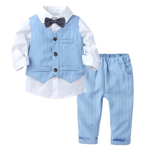 Rswnyirn Baby Anzug Jungen Hochzeit Taufe Smoking Outfit 3tlg. Taufanzug Taufbekleidung Hemd mit Anzugweste Hose Festlich Outfit Blau_Gestreift 80-86/12-18 Monate von Rswnyirn