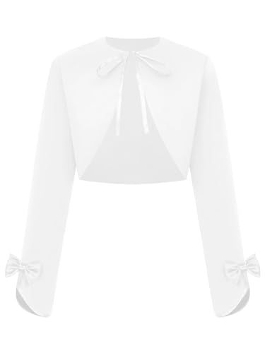 Rswnyirn Bolero Mädchen Weiß Festliche Jacke Satin Strickjacke mit Blume Open Front Bolerojäckchen zum Kommunionkleid Taufkleid Abendkleid Weiß C 170-176 von Rswnyirn