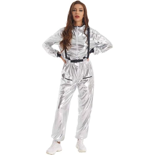 Rswnyirn Damen Astronaut Anzug Rollenspiel Kostüm Raumfahrer Astronautin Kostüm Glänzend Overall Lang Jumpsuit Halloween Karneval Mottoparty Kostüm Silber XXL von Rswnyirn