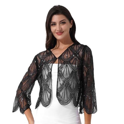 Rswnyirn Damen Vintage Bolero Glitzer Festlich Jäckchen Kurz Schulterjacke Pailletten Jacke Strickjacke Elegant Durchsichtig Flapper Kostüm für Kleider Schwarz Einheitsgröße von Rswnyirn