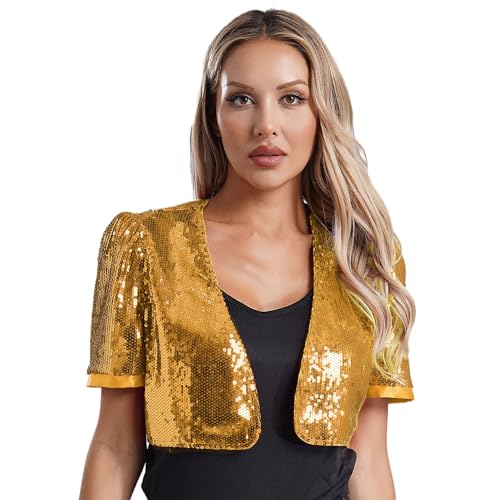 Rswnyirn Damen Bolero Kurz Pailletten Jacke Kurzarm Schulterjacke Bolerojacke Vorne Offen Cardigan Fasching Karneval Disco Kostüm Gold M von Rswnyirn