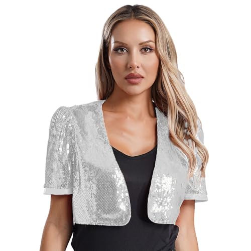 Rswnyirn Damen Bolero Kurz Pailletten Jacke Kurzarm Schulterjacke Bolerojacke Vorne Offen Cardigan Fasching Karneval Disco Kostüm Silber M von Rswnyirn