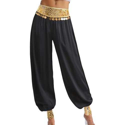 Rswnyirn Damen Tanzhose Satin Lang Pumphose mit Pailletten Bauchtanz Hose Pants Hohe Taille Lässig Belly Dance Outfit Schwarz XXL von Rswnyirn