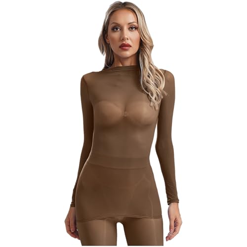Rswnyirn Damen Transparent Shirt Unterhemd Langarmshirt Eng Dessous Oberteil Nylon Tops Bluse Slim Fit Unterwäsche Underwear Kaffee Einheitsgröße von Rswnyirn