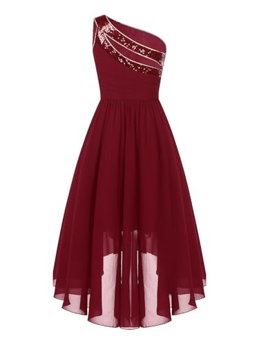 Rswnyirn Ein-Schulter Kleid Mädchen Partykleid Festlich Vokuhila Kleid mit Strass Prinzessin Blumenmädchenkleider zum Hochzeit Weihnachten Geburtstag Kleidung Burgundy 134-140 von Rswnyirn