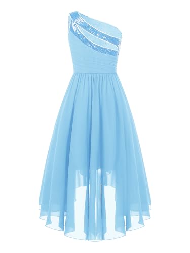 Rswnyirn Ein-Schulter Kleid Mädchen Partykleid Festlich Vokuhila Kleid mit Strass Prinzessin Blumenmädchenkleider zum Hochzeit Weihnachten Geburtstag Kleidung Himmelblau 134-140 von Rswnyirn